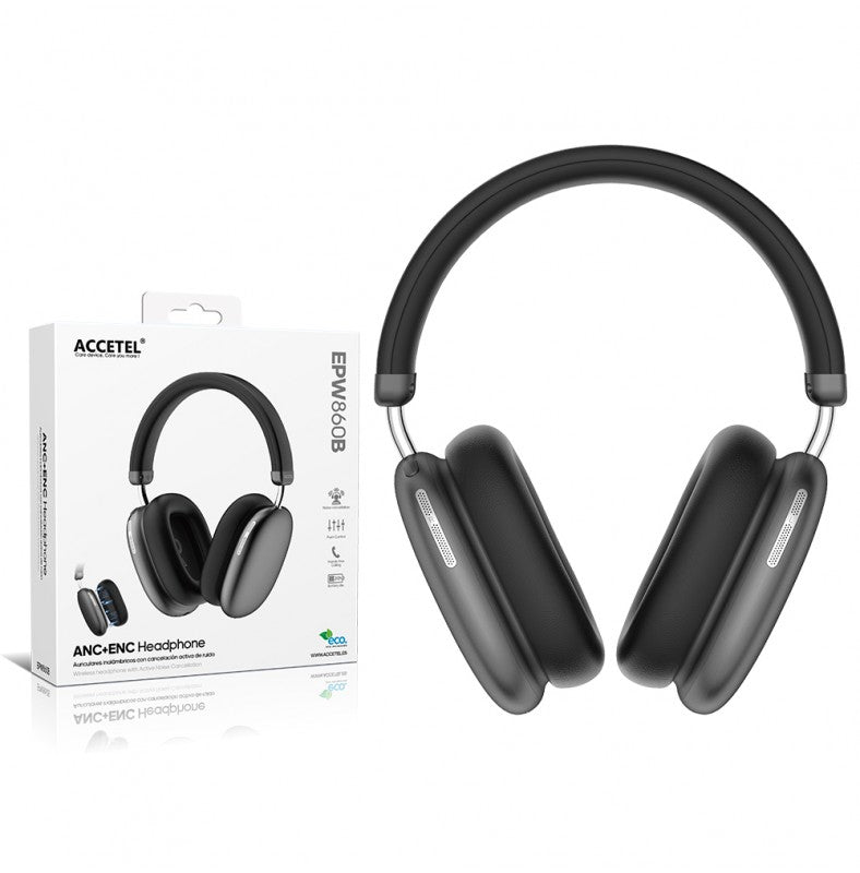 Auriculares sem fio EPW860B com cancelamento de ruído ativo ANC+ENC e microfone – Preto