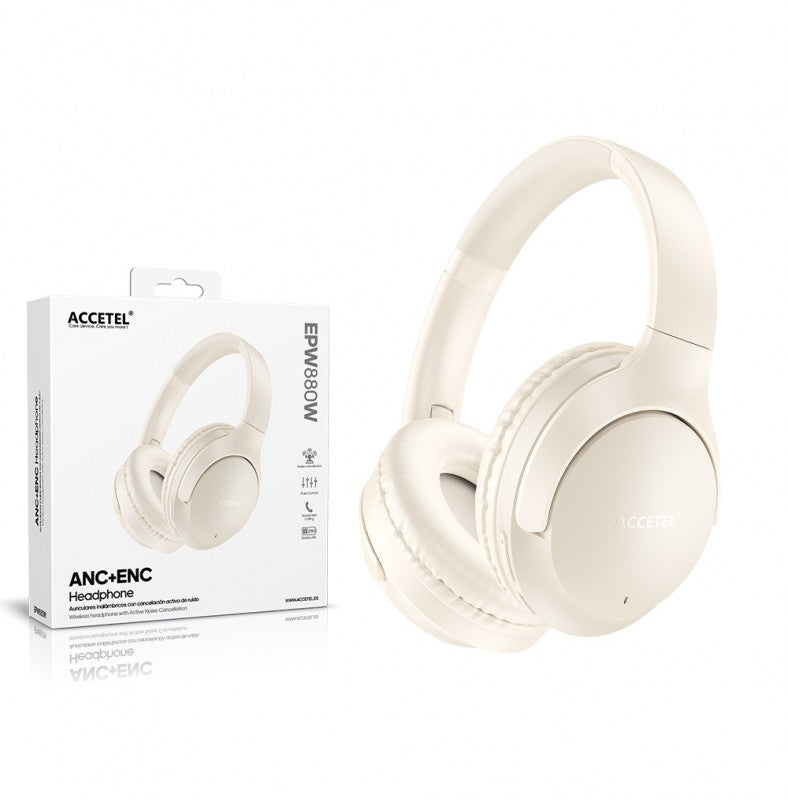 Auriculares sem fio EPW880W com cancelamento de ruído ativo ANC+ENC e microfone – Branco Creme