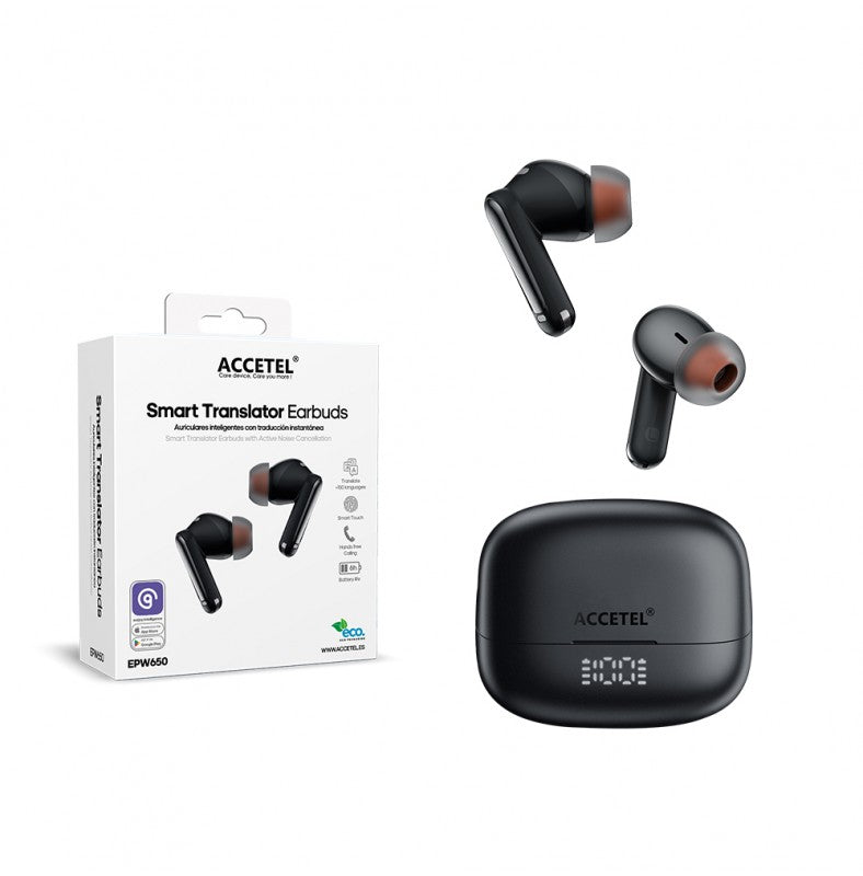 Auriculares sem fio inteligentes EPW650 com cancelamento de ruído ativo e tradução instantânea.