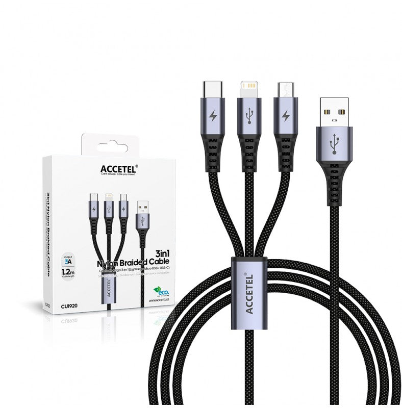 Cabo de carregamento 3 em 1 Lightning + Micro USB + USB-C – Nylon trançado preto (1,2 m)