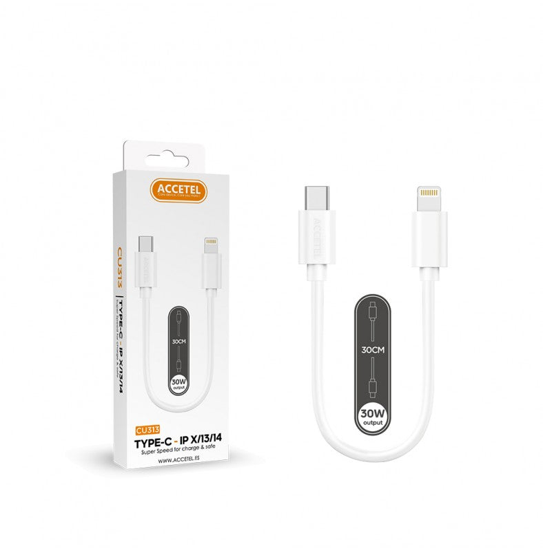 Cabo de dados com carregamento rápido PD 30W USB-C para Lightning Branco (0,30 m)