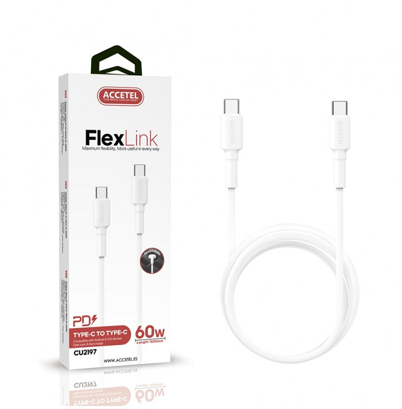 Cabo de dados de carregamento rápido 60W TPE USB-C para USB-C Máx. 20V 3A Branco (1M)
