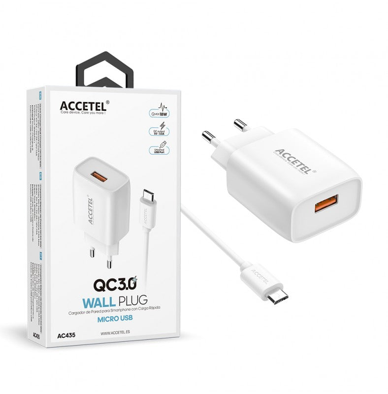 Carregador de parede com carregamento rápido QC3.0 de 18 W - Micro USB branco