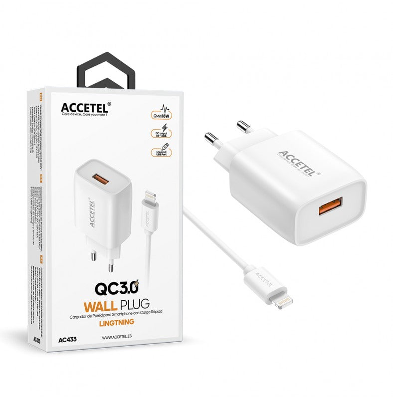 Carregador de parede QC3.0 de 18 W com carregamento rápido - Cabo Lightning branco
