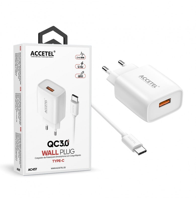 Carregador de parede QC3.0 de 18 W com carregamento rápido - Cabo USB-C branco