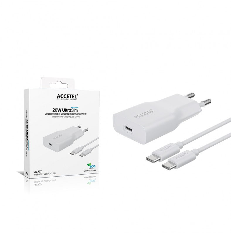 Carregador de parede UltraSlim com carregamento rápido PD de 20 W - Cabo USB-C para USB-C