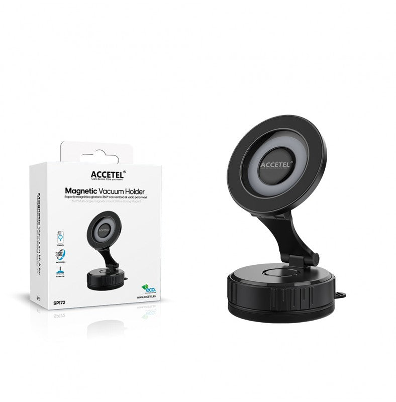 Suporte magnético para telemóvel com rotação de 360° e ventosa.